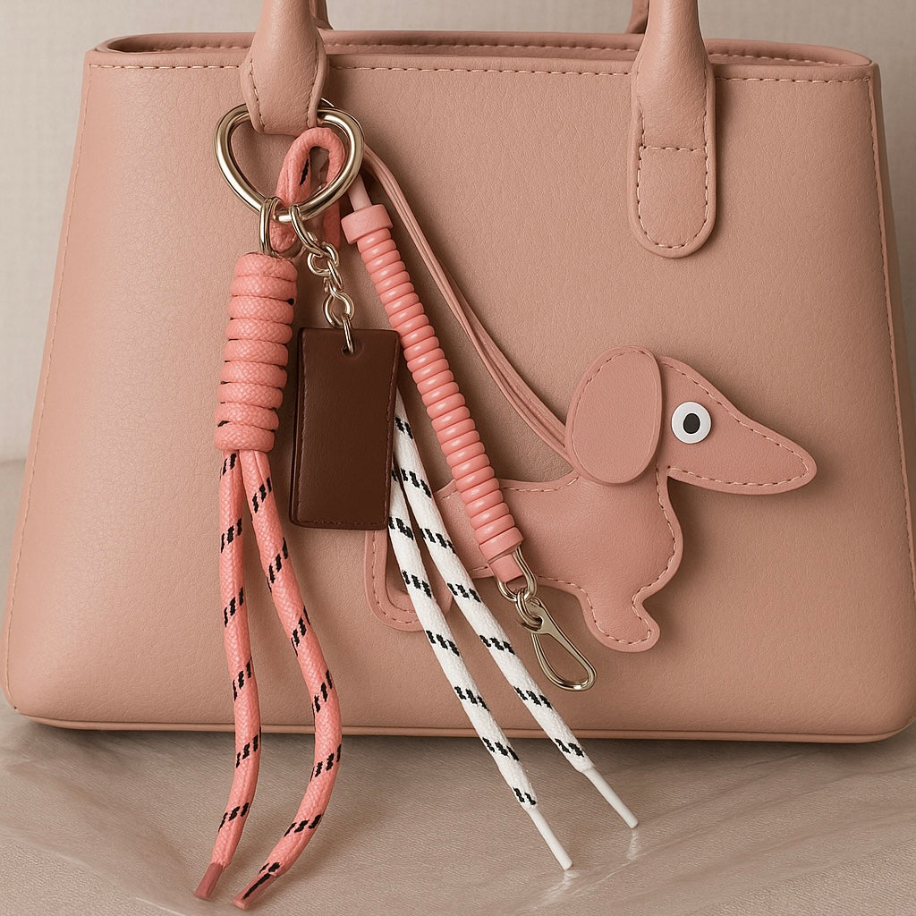 Charm de Bolso Perro Teckel Chocolate, Cuerda y Detalles Dorados | Accesorio Decorativo para Bolsos y Mochilas