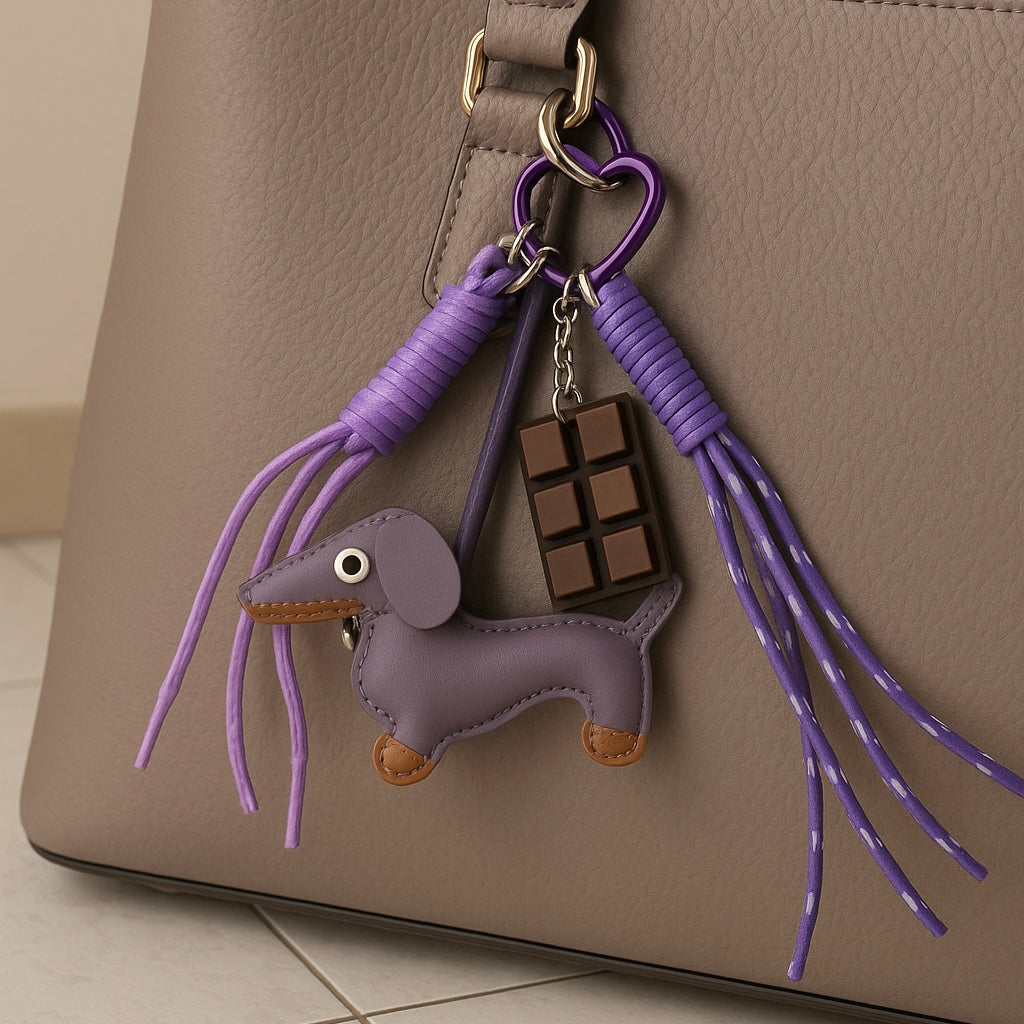 Charm de Bolso Perro Teckel Chocolate, Cuerda y Detalles Dorados | Accesorio Decorativo para Bolsos y Mochilas
