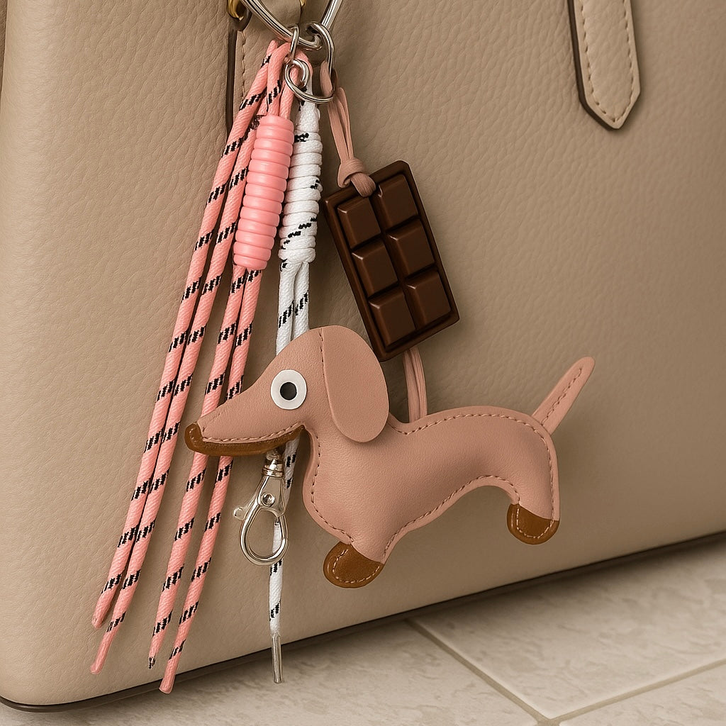 Charm de Bolso Perro Teckel Chocolate, Cuerda y Detalles Dorados | Accesorio Decorativo para Bolsos y Mochilas