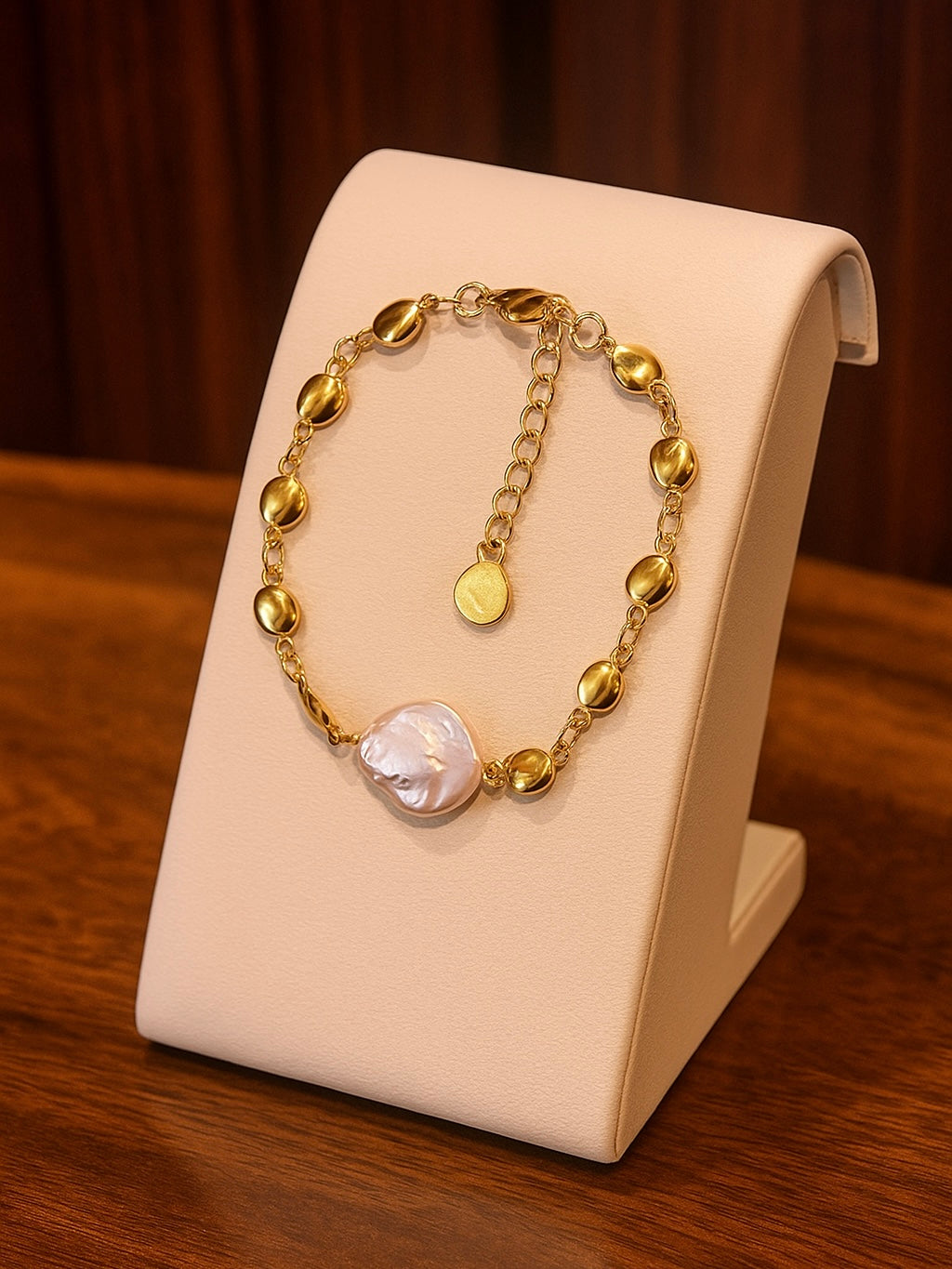 Pulsera Perla de Río Acero Inoxidable Baño de Oro 14k