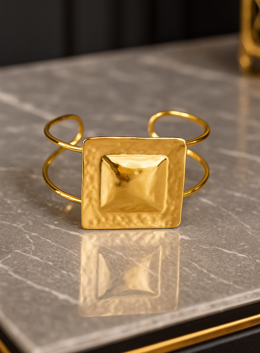 Brazalete Cuadrado Grande Acero Inoxidable | Baño de Oro 14k