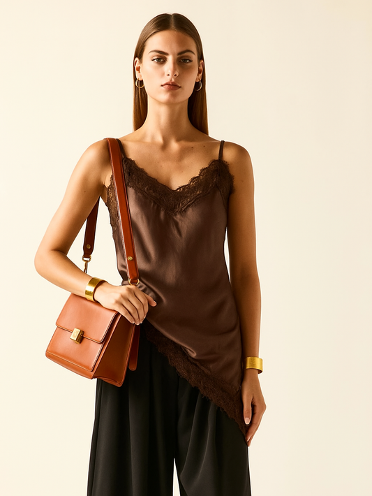 Top largo lencero satinado con encaje y tirantes finos ajustables – Disponible en 6 colores