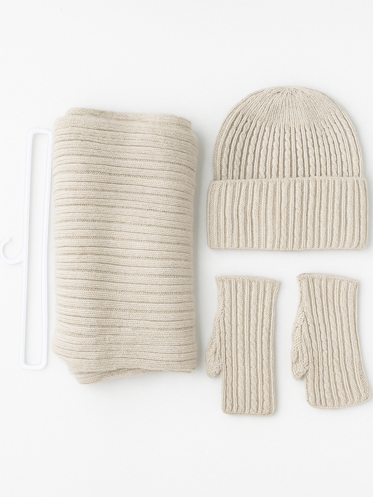 Conjunto de 3 piezas de punto: bufanda, gorro y mitones para mujer | Temporada invierno