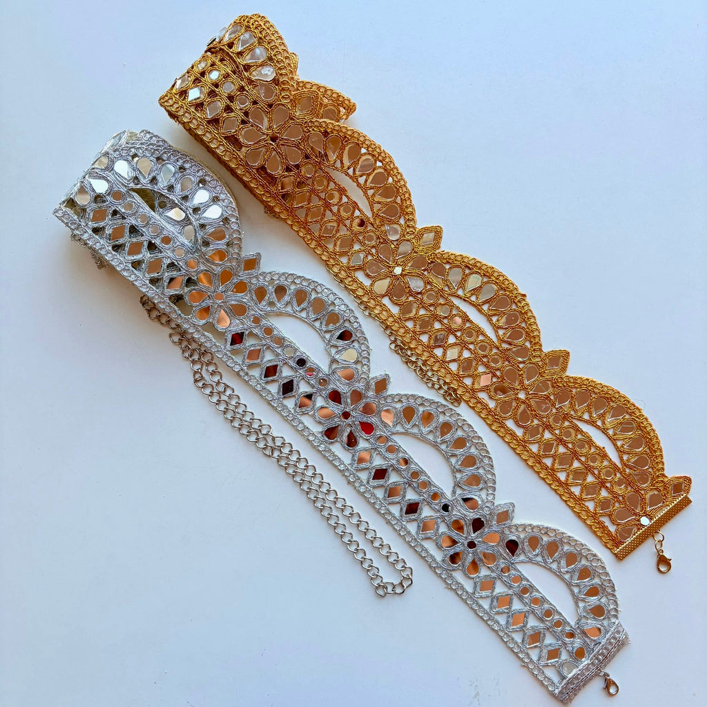 Cinto espelhado Dourado e Prateado feminino com corrente ajustável