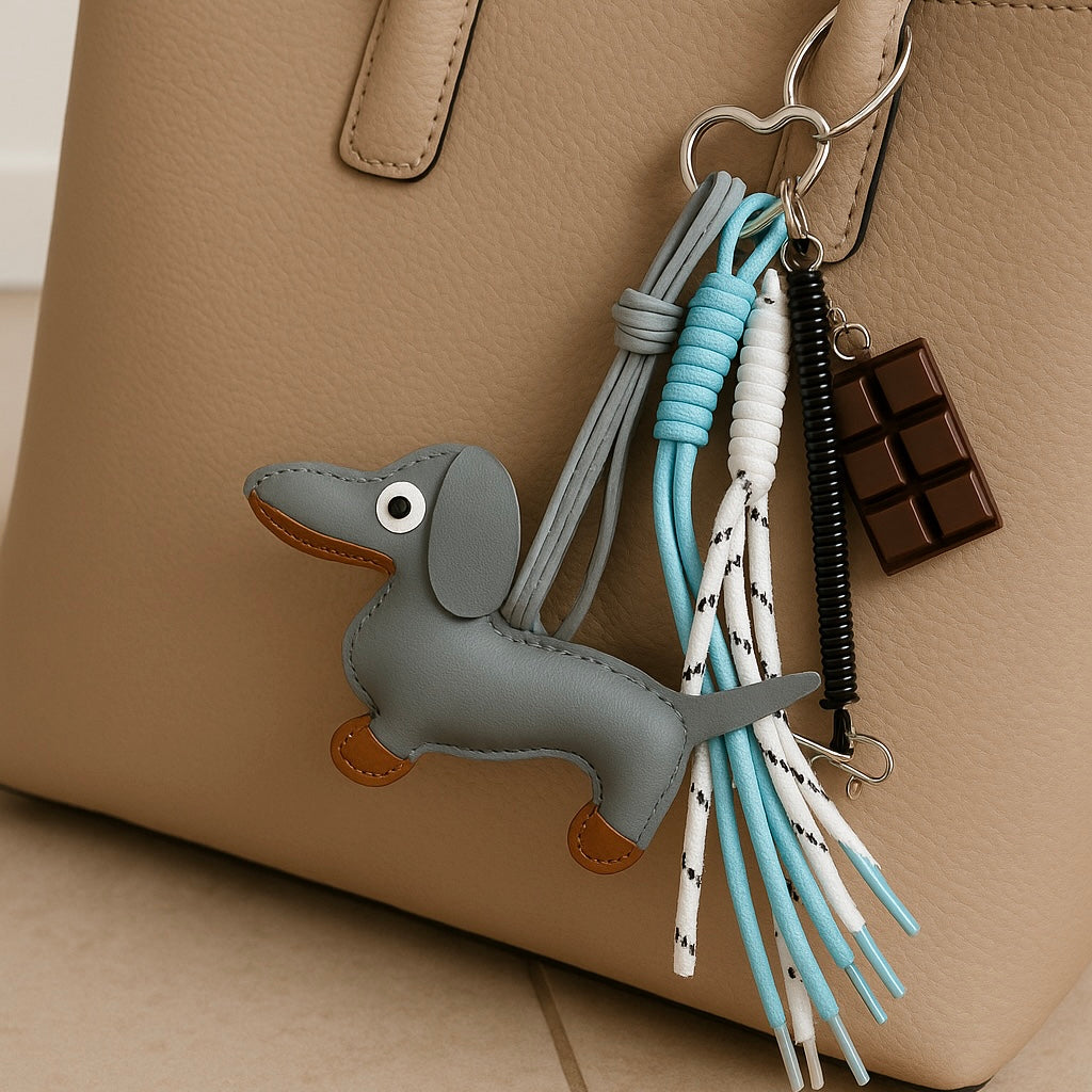 Charm de Bolso Perro Teckel Chocolate, Cuerda y Detalles Dorados | Accesorio Decorativo para Bolsos y Mochilas