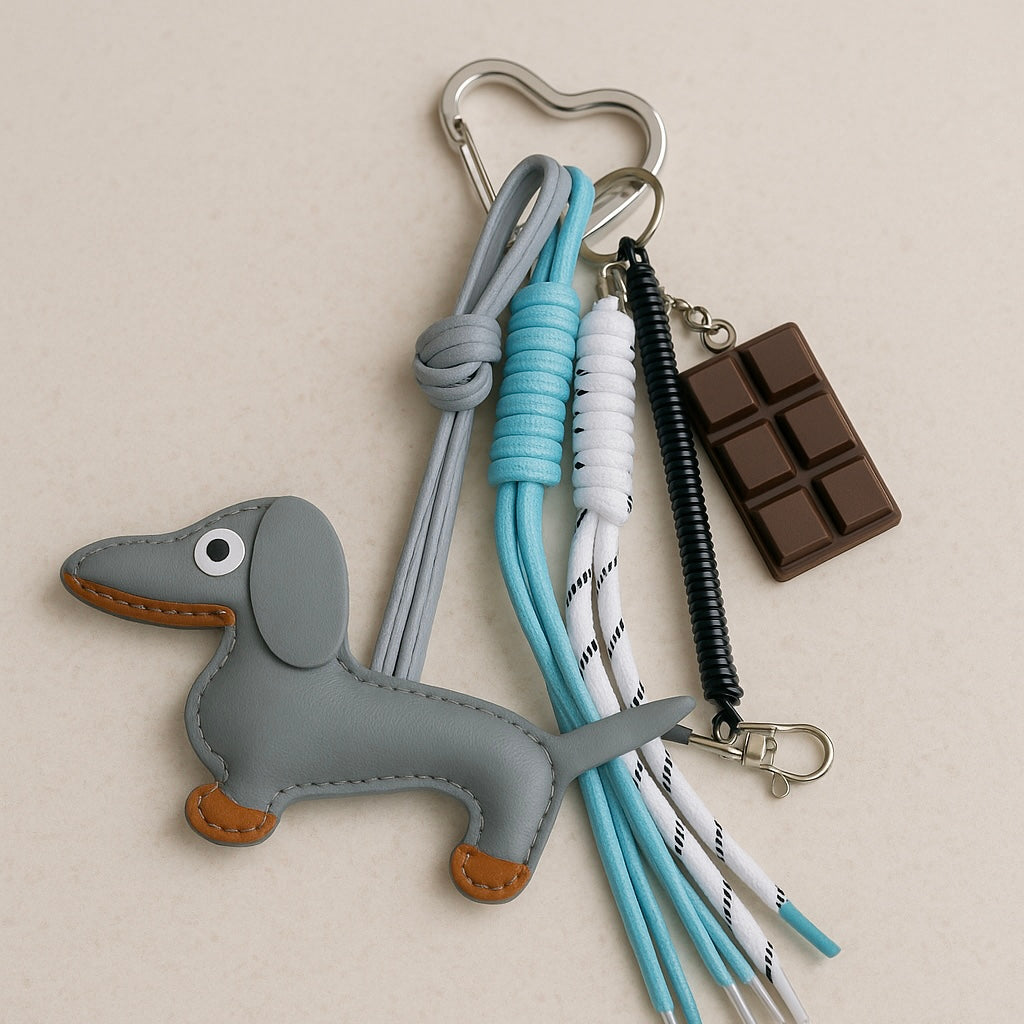 Charm de Bolso Perro Teckel Chocolate, Cuerda y Detalles Dorados | Accesorio Decorativo para Bolsos y Mochilas