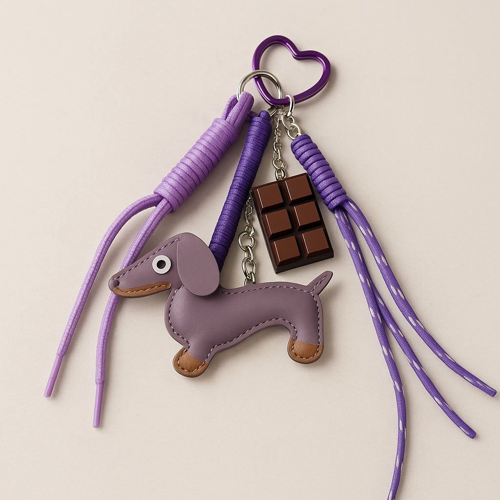 Charm de Bolso Perro Teckel Chocolate, Cuerda y Detalles Dorados | Accesorio Decorativo para Bolsos y Mochilas