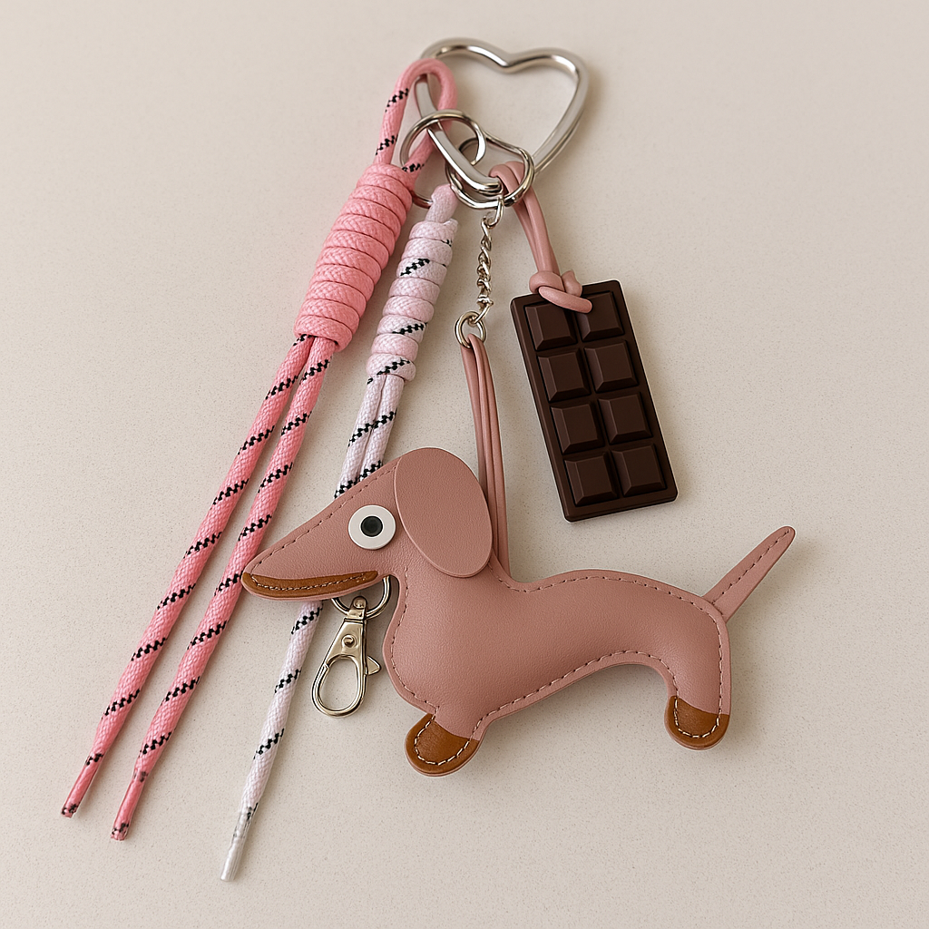 Charm de Bolso Perro Teckel Chocolate, Cuerda y Detalles Dorados | Accesorio Decorativo para Bolsos y Mochilas
