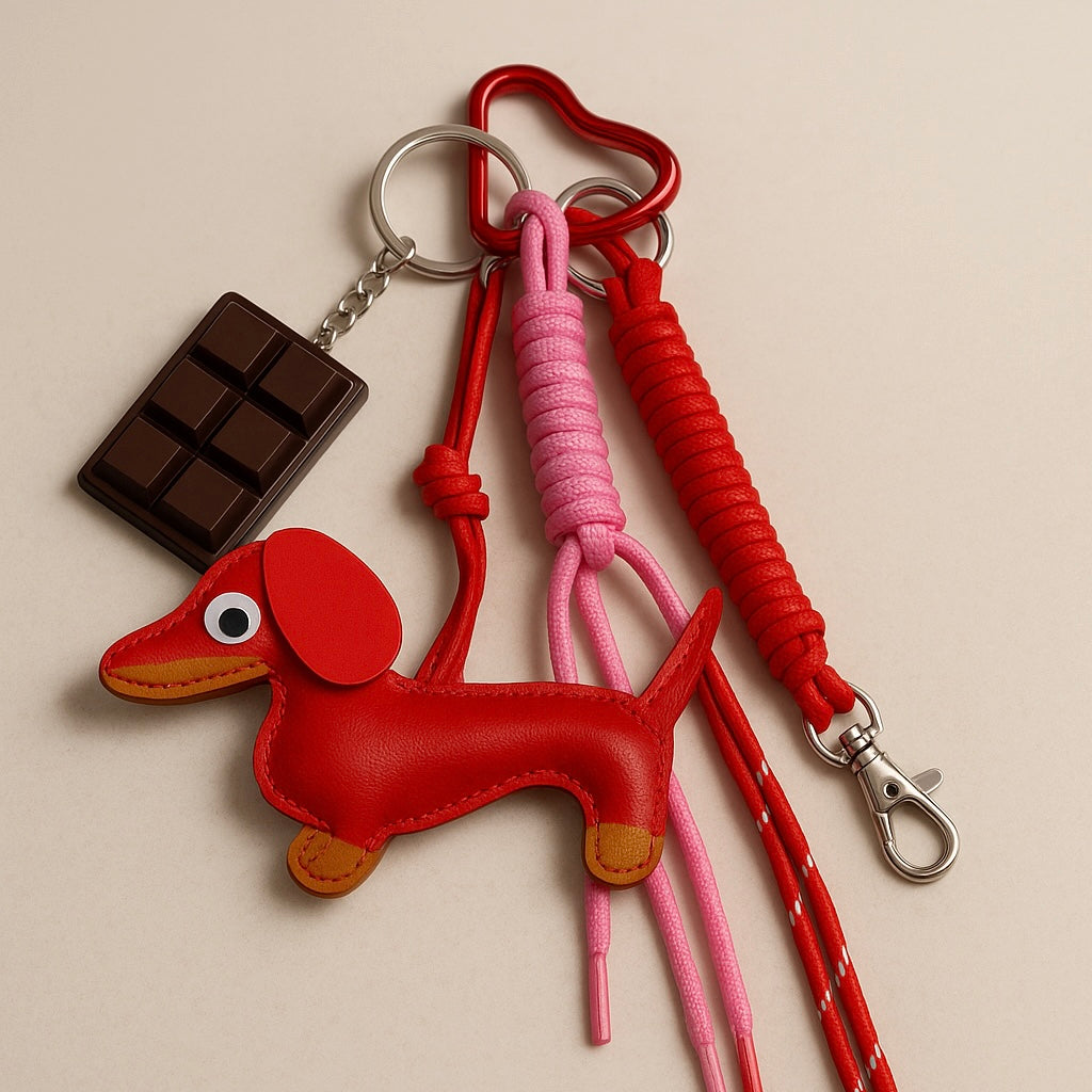Charm de Bolso Perro Teckel Chocolate, Cuerda y Detalles Dorados | Accesorio Decorativo para Bolsos y Mochilas