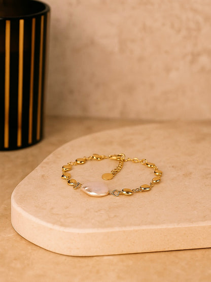 Pulsera Perla de Río Acero Inoxidable Baño de Oro 14k