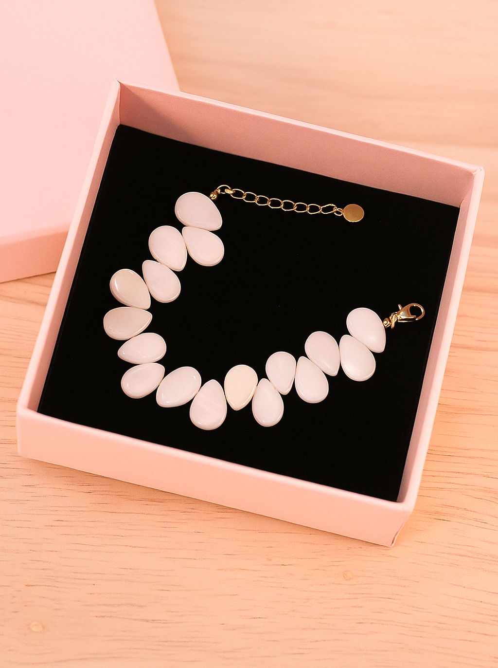 Pulsera Gotas Nácar Acero Inoxidable | Baño de Oro 14k