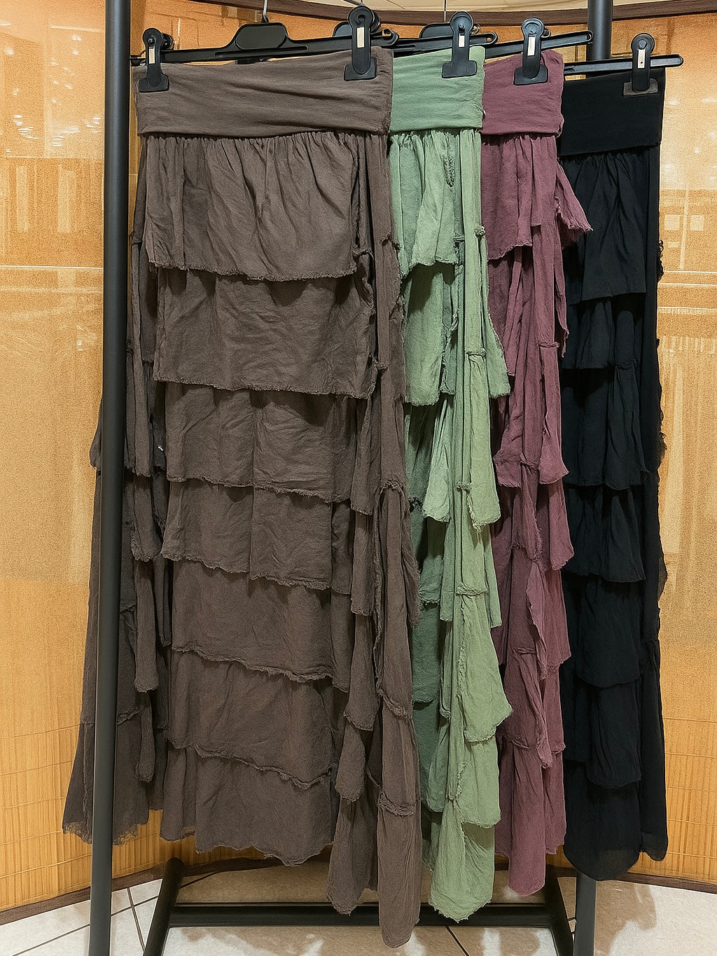 Falda volantes de gasa larga de otoño en colores marrón, negro, verde, vino, beige y blanco