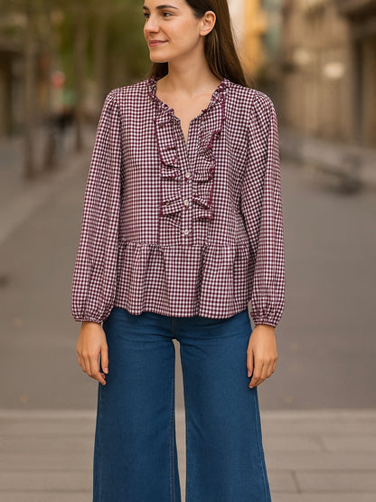 Camisa cuadros vichy con volantes mujer | Disponible en 4 colores | Tallas XS, S, M, L