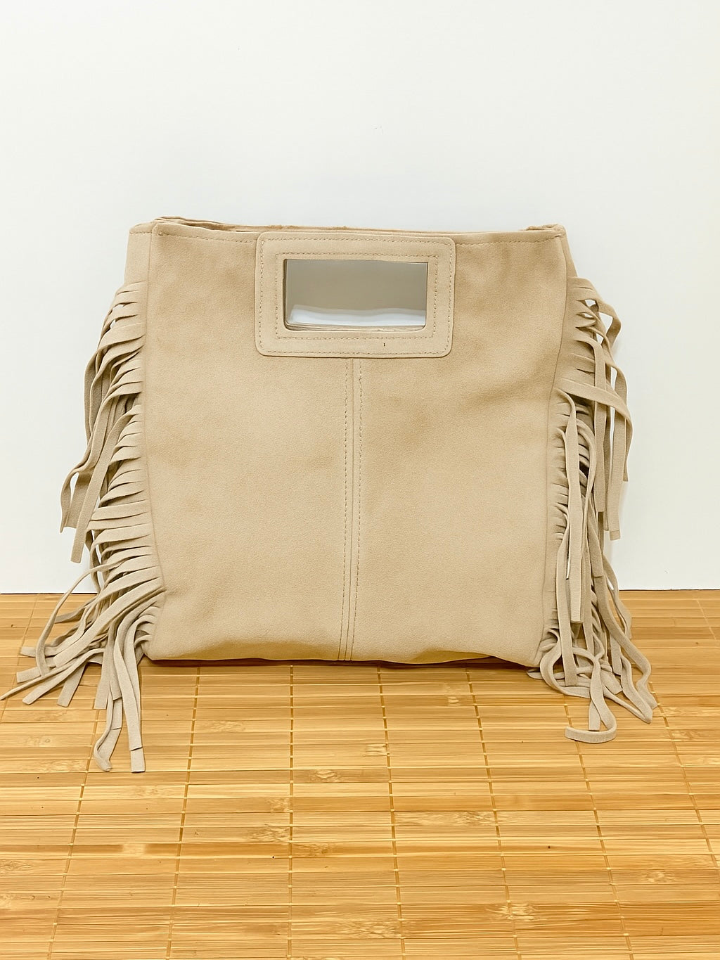 Bolso de piel serraje con flecos y con asa larga de hombro para colgar  – 27x25x7 cm