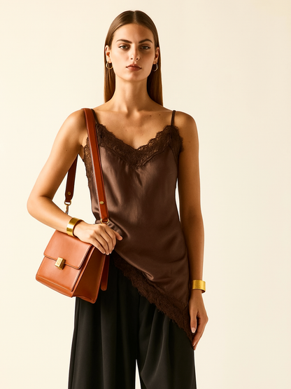 Top largo lencero satinado con encaje y tirantes finos ajustables – Disponible en 6 colores