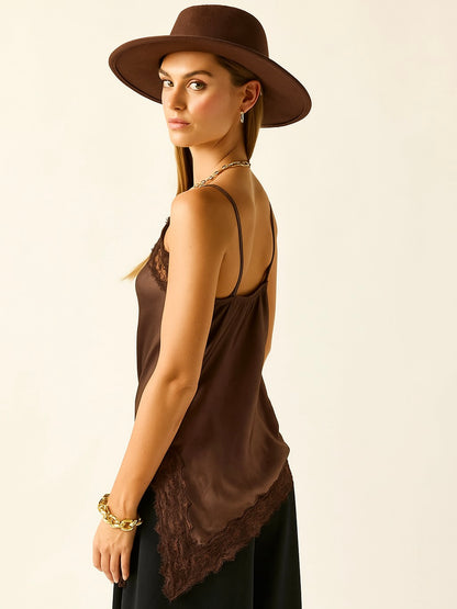 Top largo lencero satinado con encaje y tirantes finos ajustables – Disponible en 6 colores