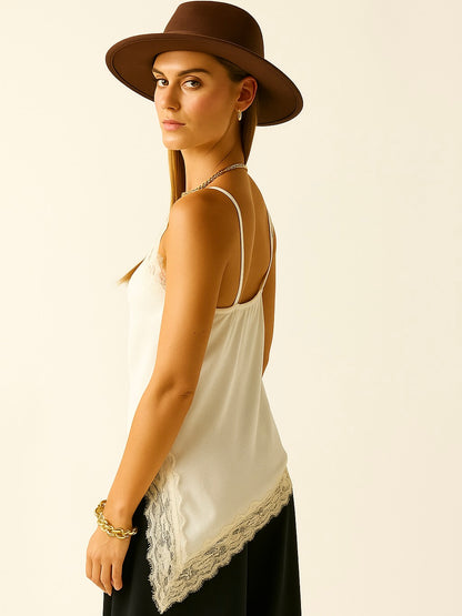 Top largo lencero satinado con encaje y tirantes finos ajustables – Disponible en 6 colores