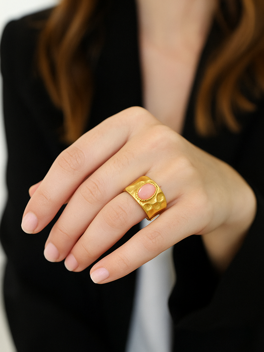 Anillo Piedra Rosa en Acero Inoxidable de mujer | Baño de Oro