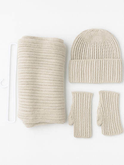 Conjunto de 3 piezas de punto: bufanda, gorro y mitones para mujer | Temporada invierno