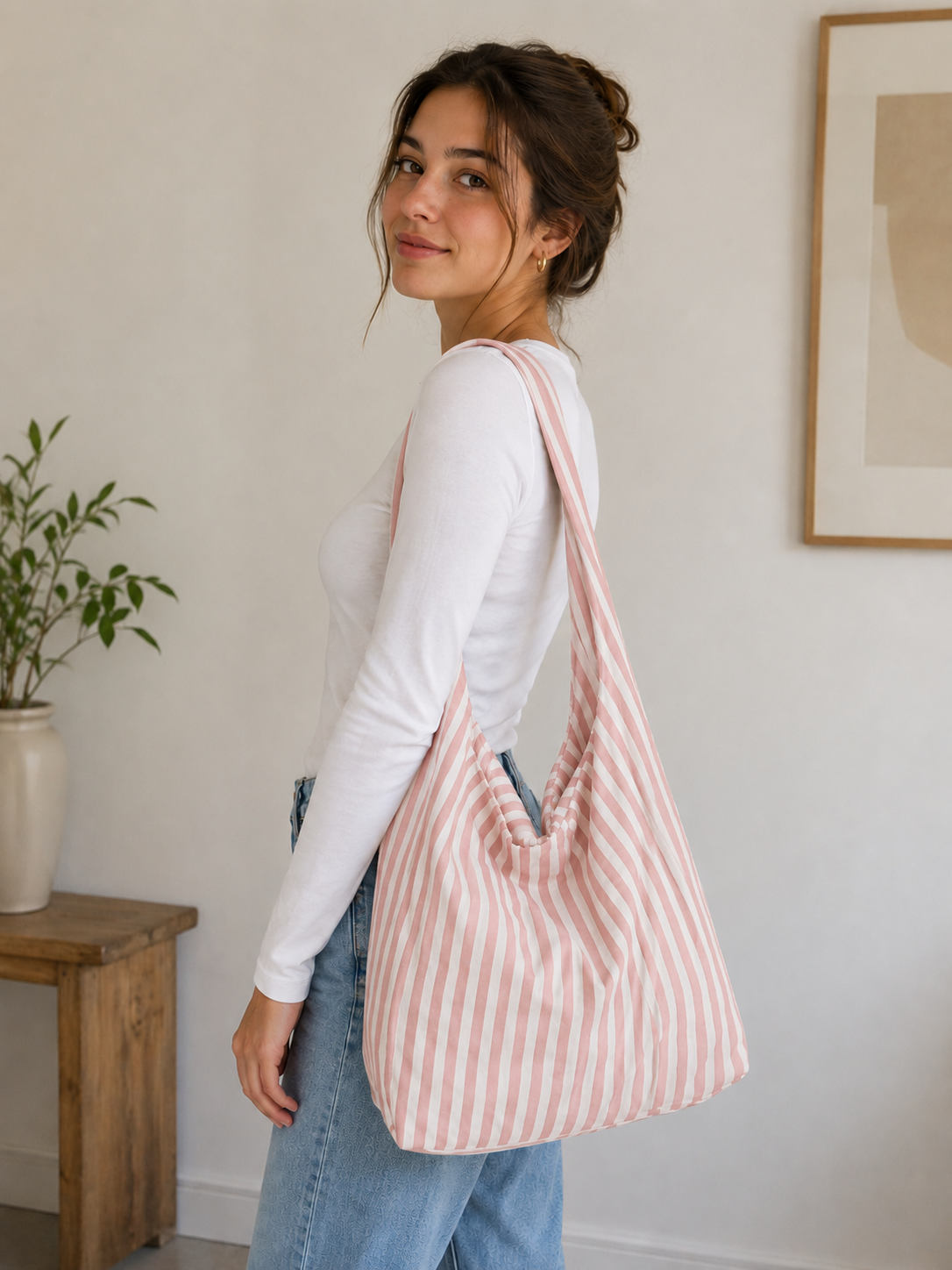 Bolsa Hobo de Tela de Rayas Pastel 35x15x35 cm | Bolsa de Hombro
