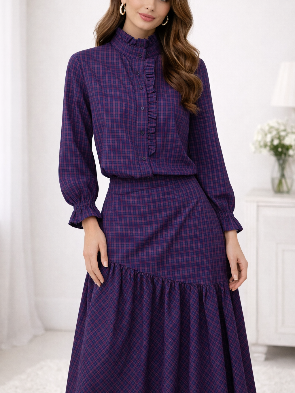 Camisa de Cuadros con Volantes y Falda de Cuadros larga Mujer | Conjunto o por separado