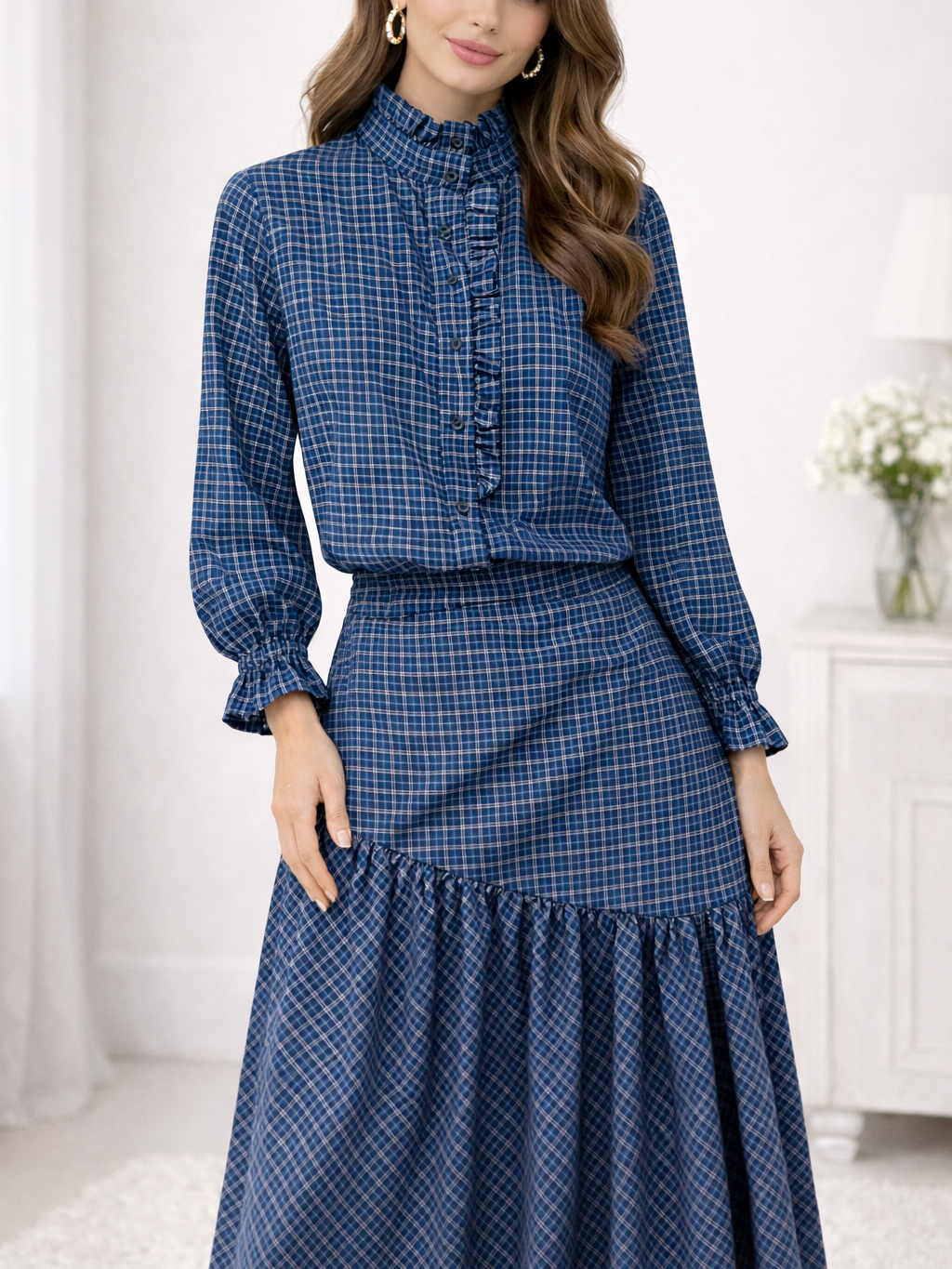 Camisa de Cuadros con Volantes y Falda de Cuadros larga Mujer | Conjunto o por separado