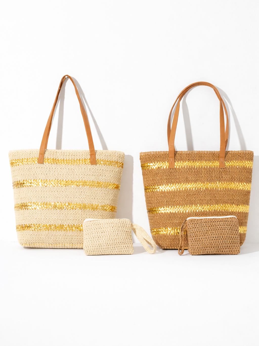 Bolso de playa fibra trenzada con zigzag dorado y monedero – Bolsa grande verano 47x35 cm