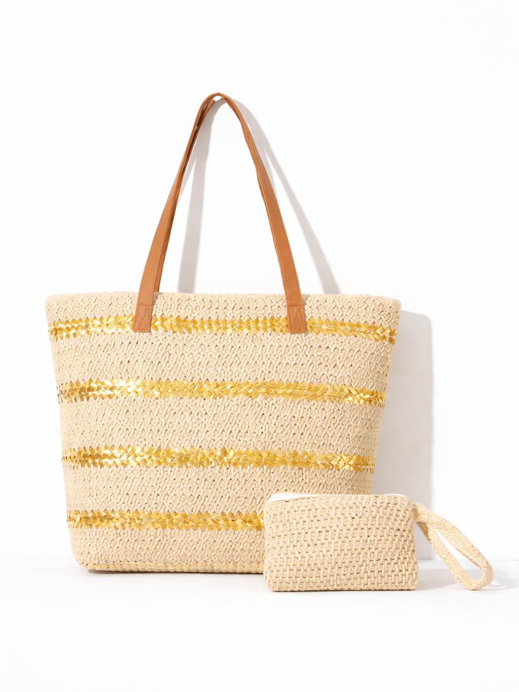 Bolso de playa fibra trenzada con zigzag dorado y monedero – Bolsa grande verano 47x35 cm
