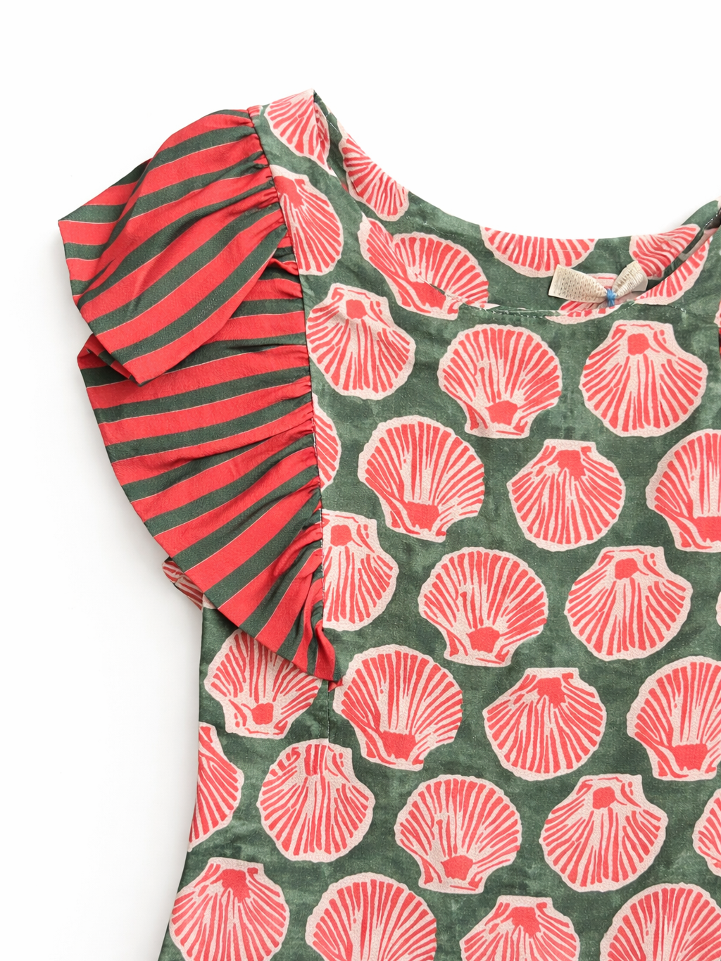 Vestido Largo de Conchas con Volantes a Rayas en Hombros | Hecho en Italia