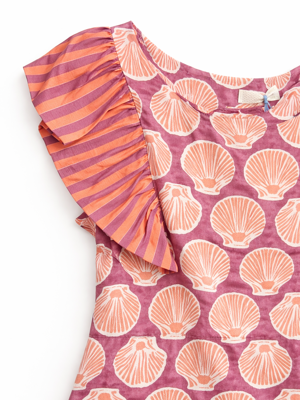Vestido Largo de Conchas con Volantes a Rayas en Hombros | Hecho en Italia