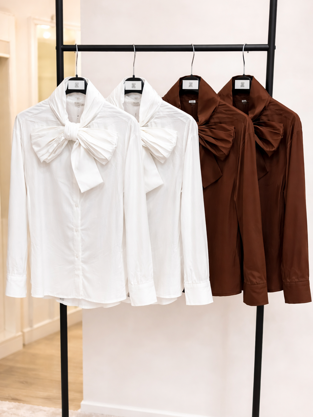 Camisa lisa de Lazo de Algodón para Mujer – Blanco y Marrón Chocolate