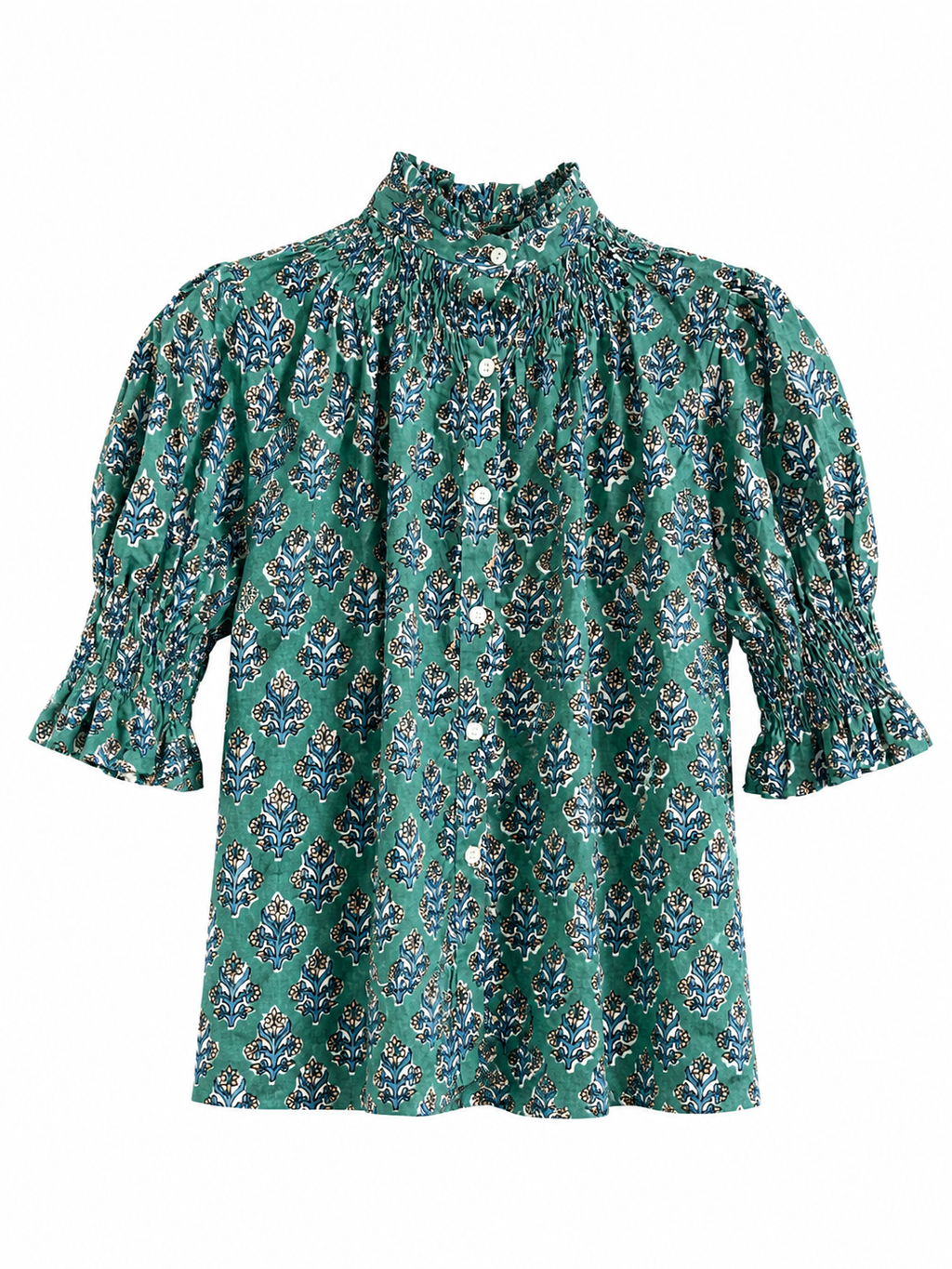 Blusa de Algodón Estampada Mujer | Cuello Nido de Abeja y Manga Abullonada