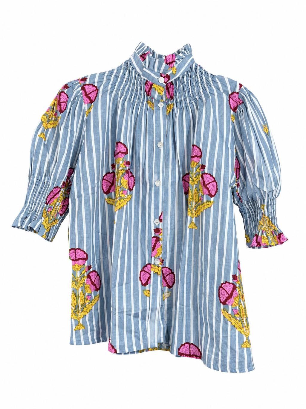 Blusa de Algodón Estampada Mujer | Cuello Nido de Abeja y Manga Abullonada