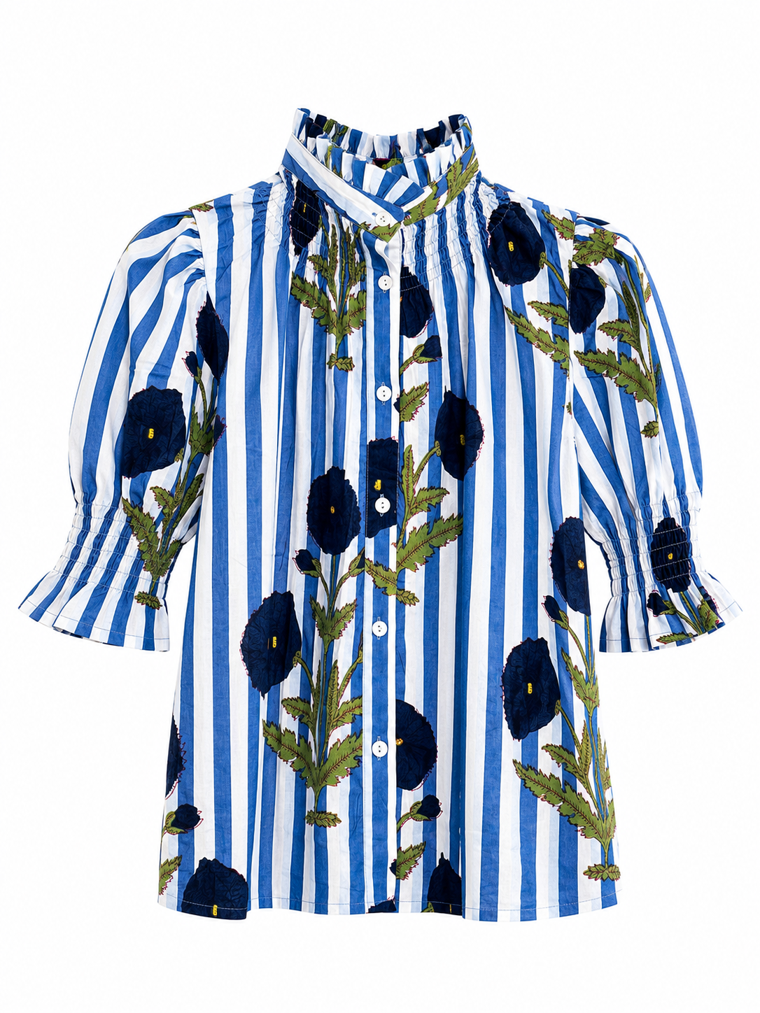 Blusa de Algodón Estampada Mujer | Cuello Nido de Abeja y Manga Abullonada