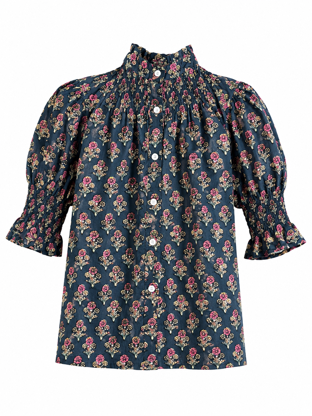 Blusa de Algodón Estampada Mujer | Cuello Nido de Abeja y Manga Abullonada