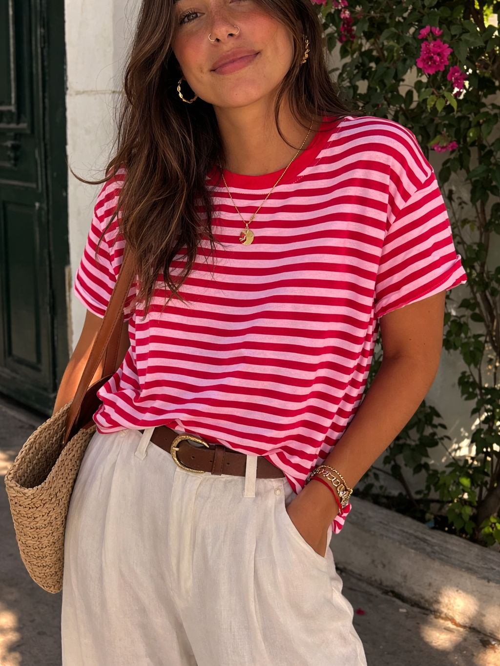 Camiseta de Rayas Bicolor de Manga Corta con Cuello Redondo | Fabricada en Italia