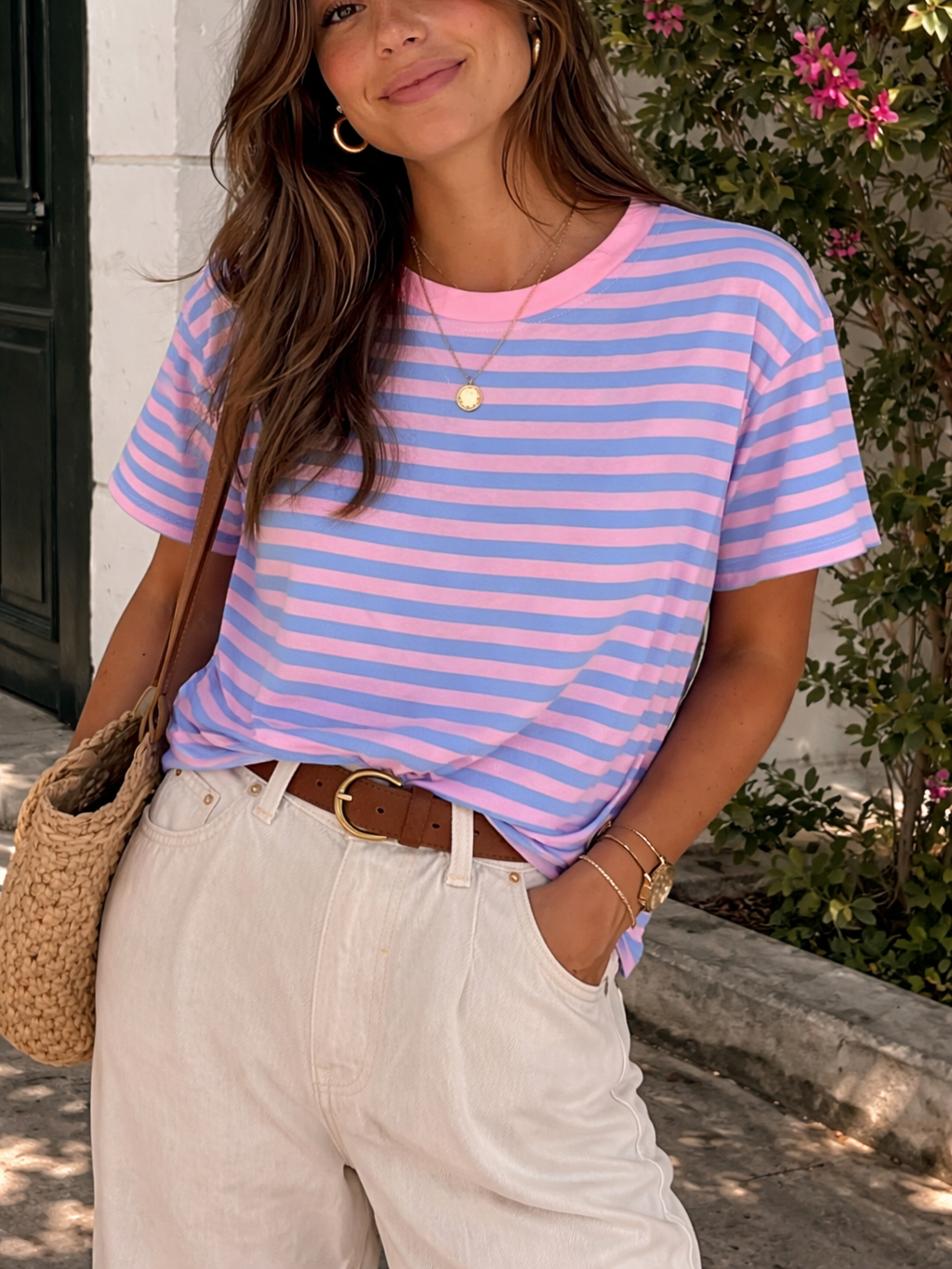 Camiseta de Rayas Bicolor de Manga Corta con Cuello Redondo | Fabricada en Italia