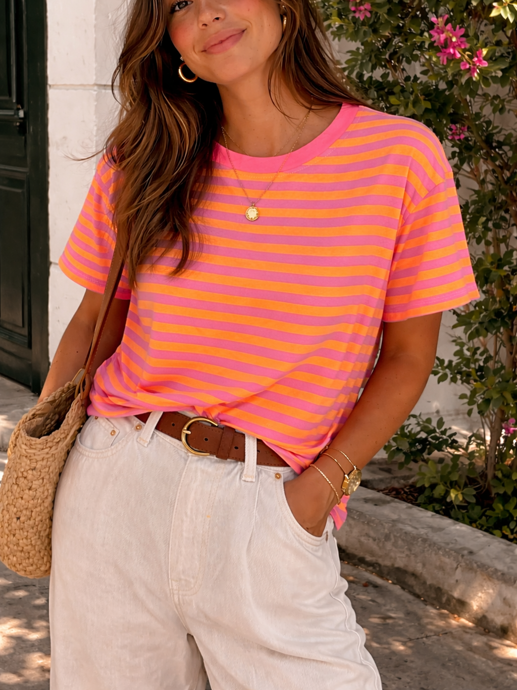 Camiseta de Rayas Bicolor de Manga Corta con Cuello Redondo | Fabricada en Italia