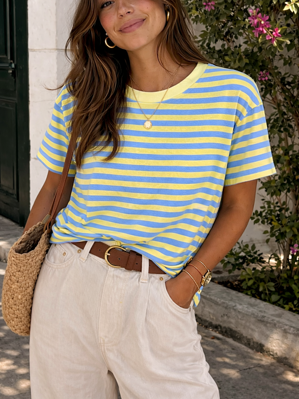 Camiseta de Rayas Bicolor de Manga Corta con Cuello Redondo | Fabricada en Italia