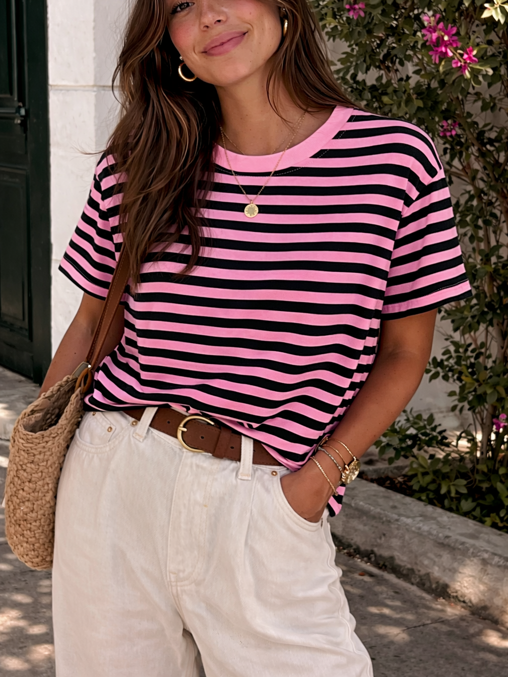 Camiseta de Rayas Bicolor de Manga Corta con Cuello Redondo | Fabricada en Italia