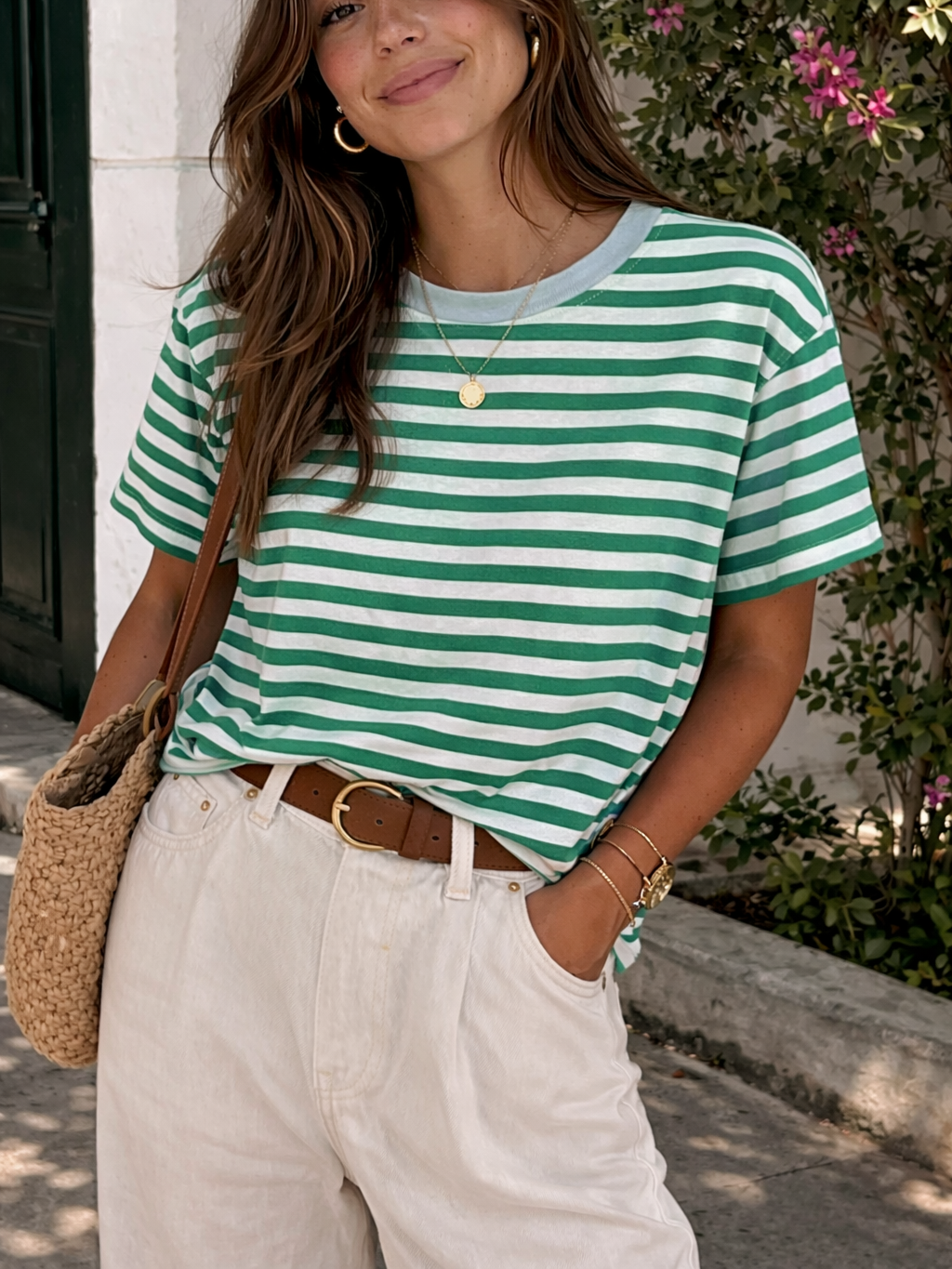 Camiseta de Rayas Bicolor de Manga Corta con Cuello Redondo | Fabricada en Italia