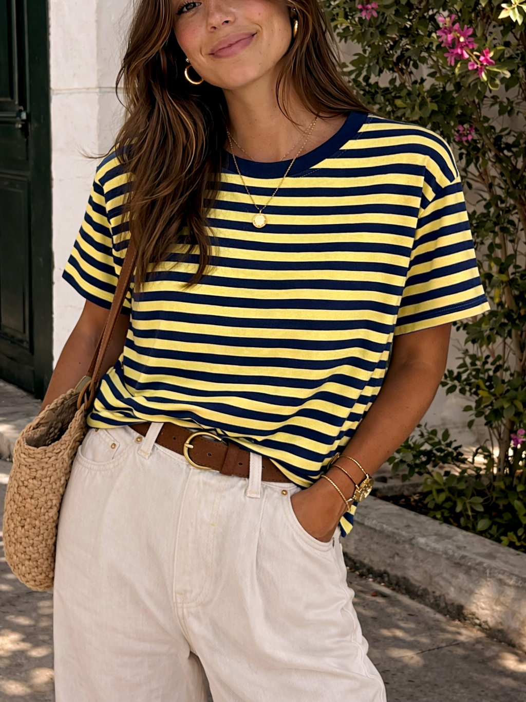 Camiseta de Rayas Bicolor de Manga Corta con Cuello Redondo | Fabricada en Italia