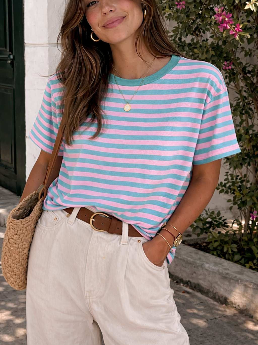 Camiseta de Rayas Bicolor de Manga Corta con Cuello Redondo | Fabricada en Italia