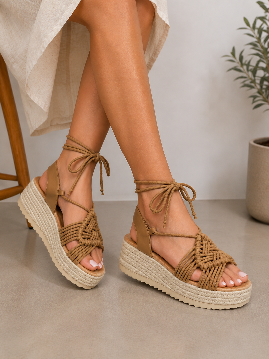 Sandalias Plataforma de Cuña con Cordones atadas al tobillo estilo Espadrille