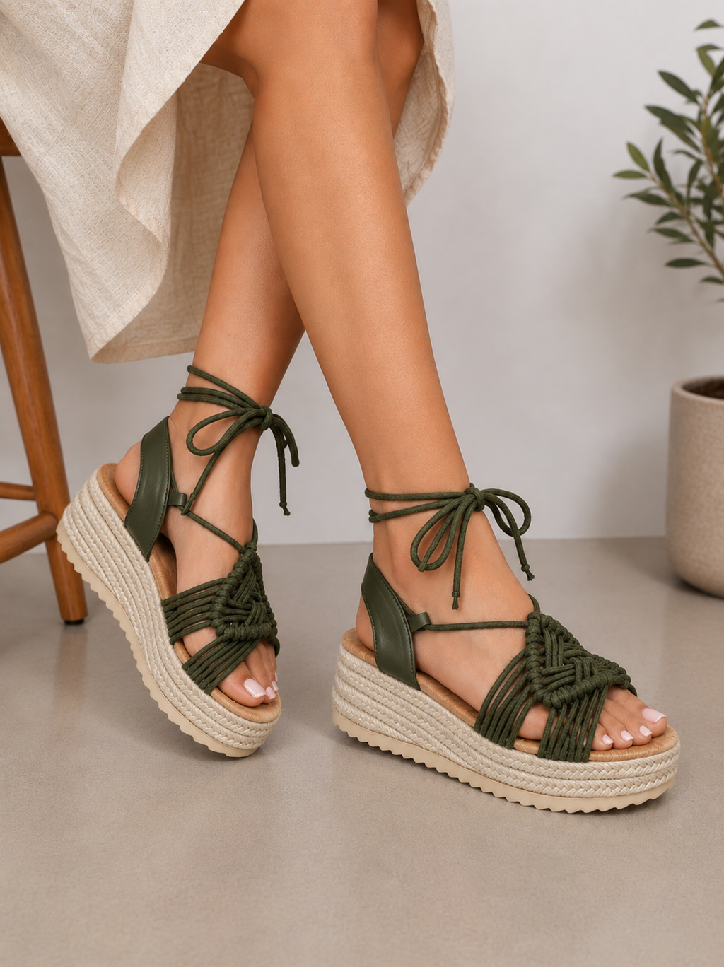 Sandalias Plataforma de Cuña con Cordones atadas al tobillo estilo Espadrille