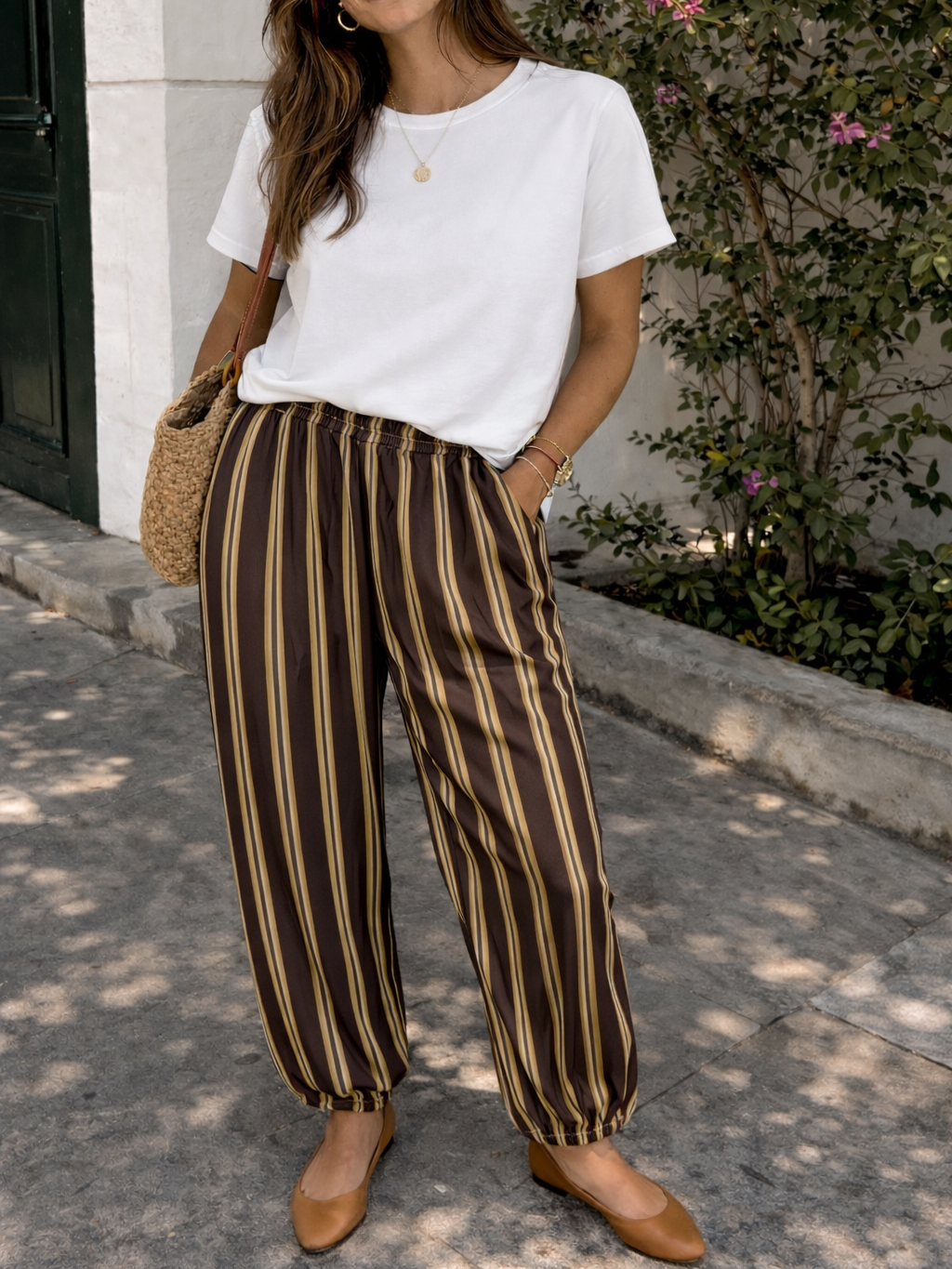 Pantalón Bombacho satinado de Rayas Verticales mujer con Bolsillos | Fabricado en Italia