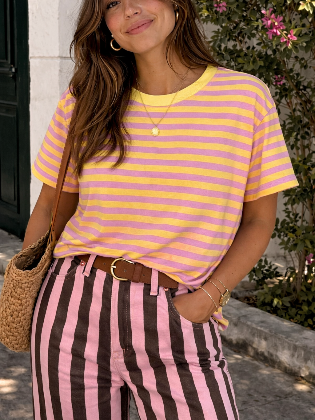 Camiseta de Rayas Bicolor de Manga Corta con Cuello Redondo | Fabricada en Italia