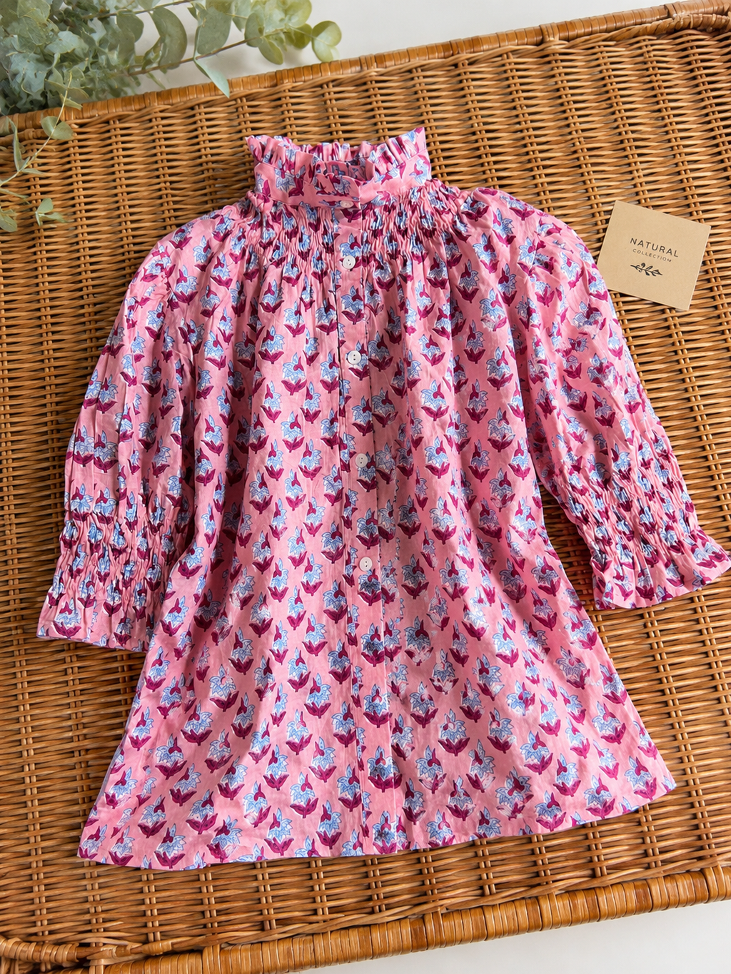 Blusa de Algodón Estampada Mujer | Cuello Nido de Abeja y Manga Abullonada