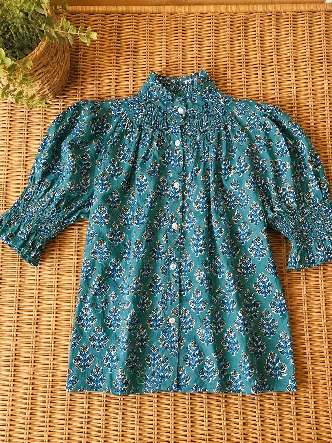 Blusa de Algodón Estampada Mujer | Cuello Nido de Abeja y Manga Abullonada