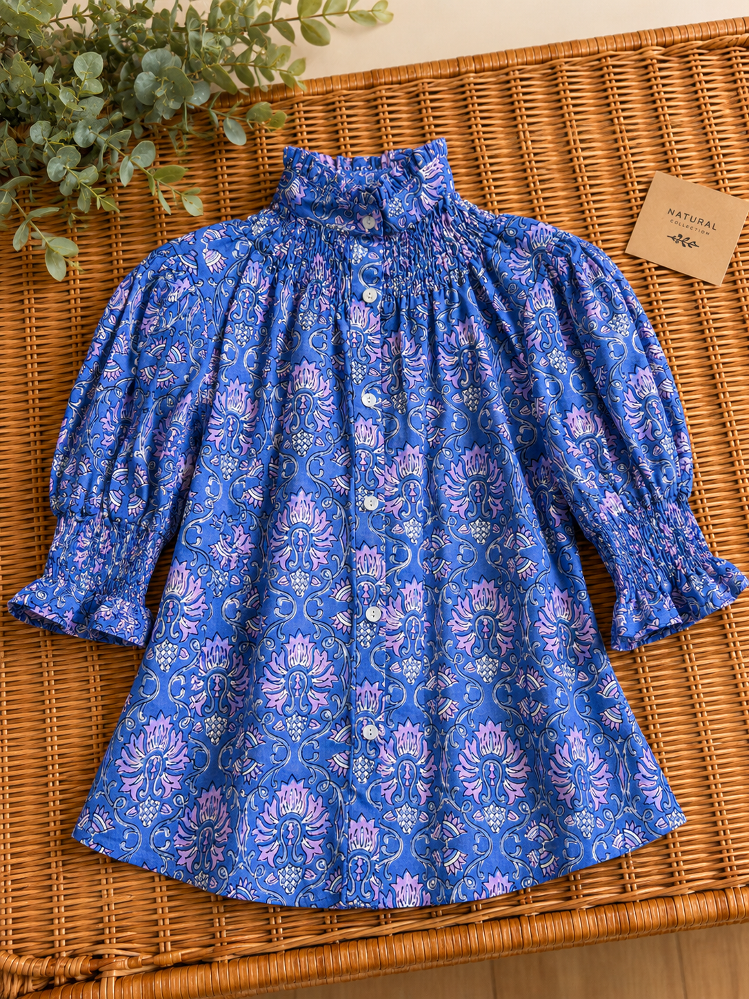 Blusa de Algodón Estampada Mujer | Cuello Nido de Abeja y Manga Abullonada